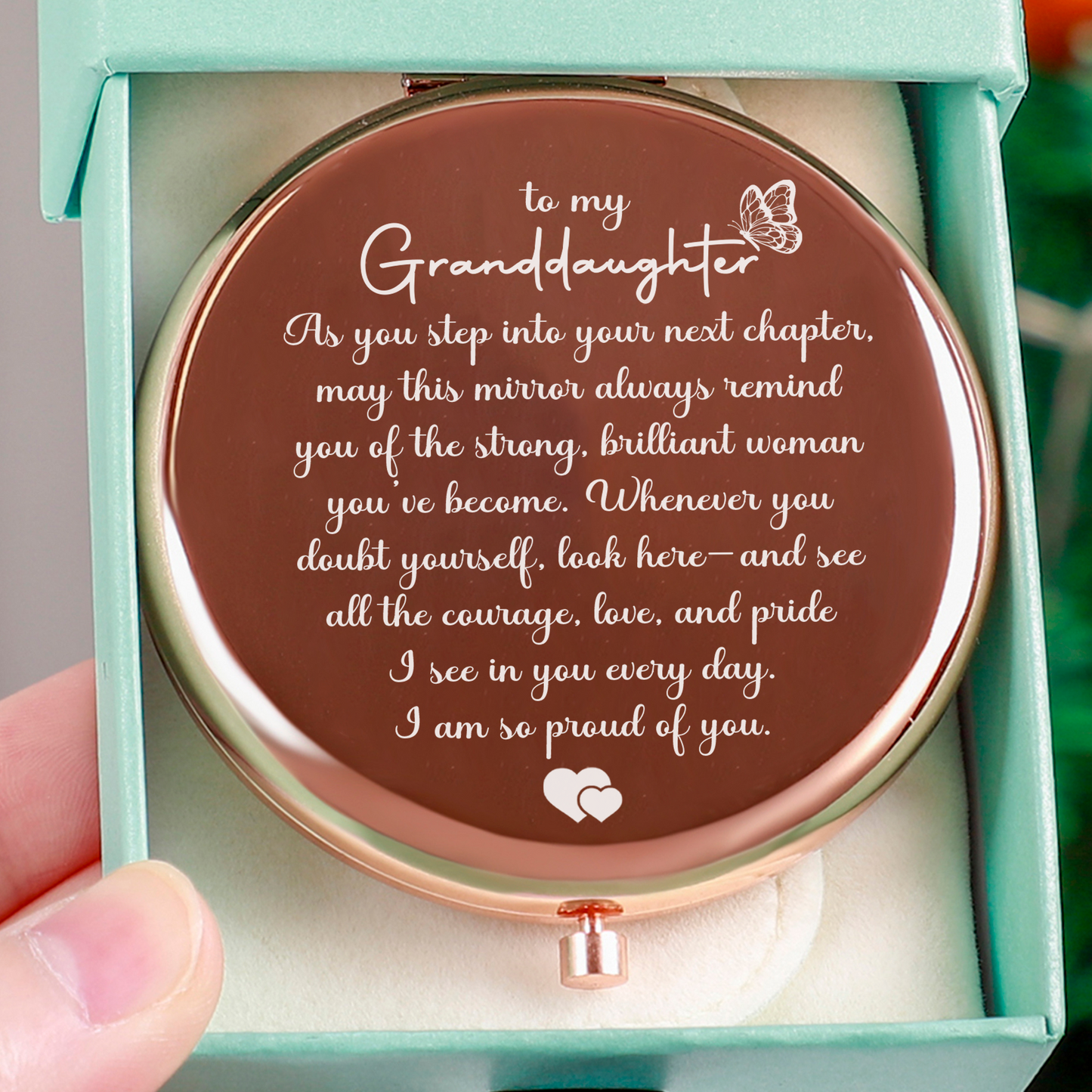 To Granddaughter "Brilliant Woman" – Engraved Folding Mirror