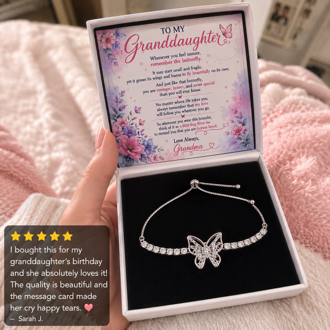 To My Granddaughter Butterfly Bracelet Gift From Grandma | Sterling Silver Adjustable Bracelet