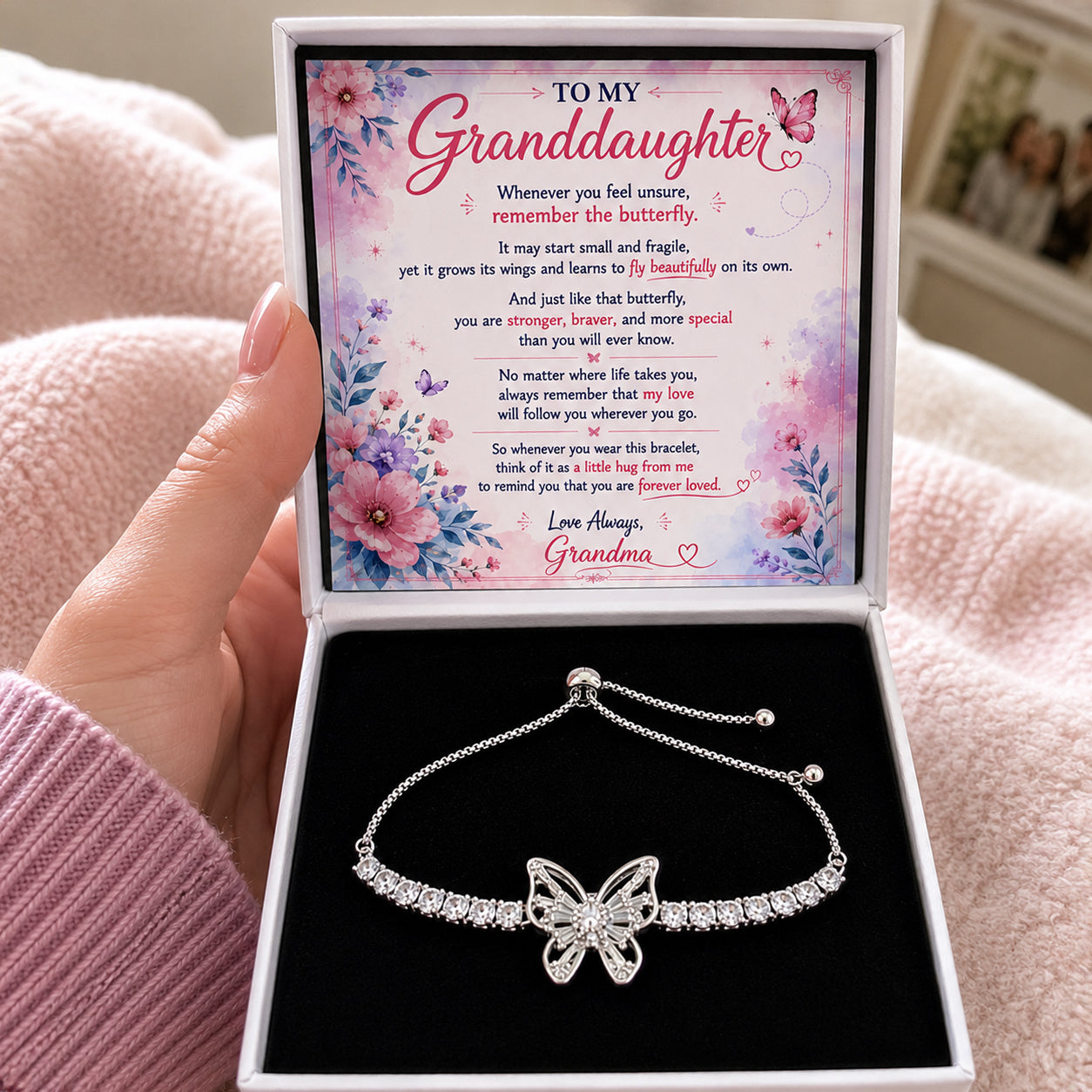 To My Granddaughter Butterfly Bracelet Gift From Grandma | Sterling Silver Adjustable Bracelet